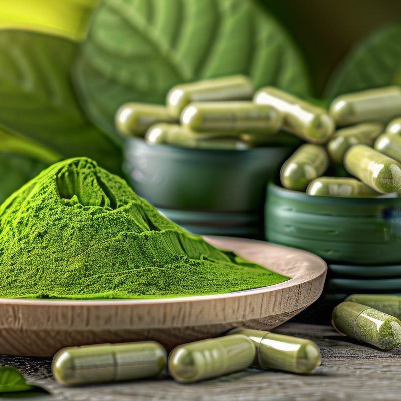 Kratom Powder and Capsules Still Life - Alternative Medicine, Fresh Green Leaves, Traditional Use, Generative AI
