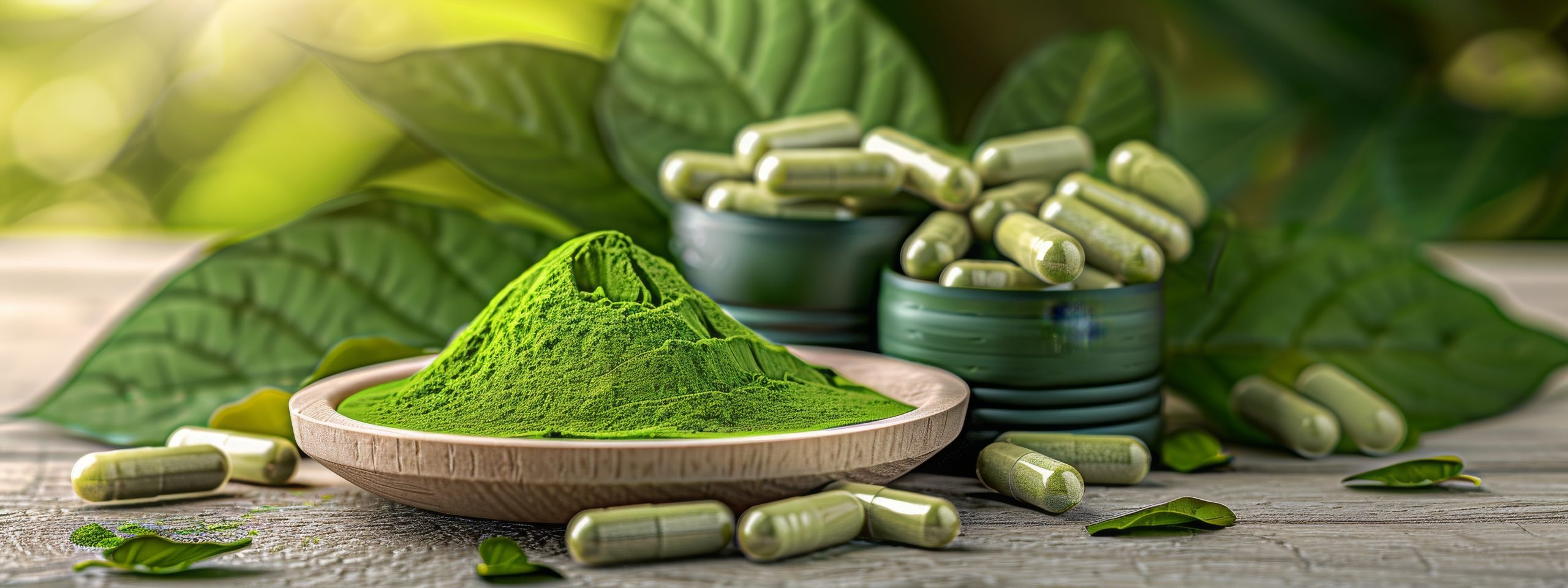 Kratom Powder and Capsules Still Life - Alternative Medicine, Fresh Green Leaves, Traditional Use, Generative AI