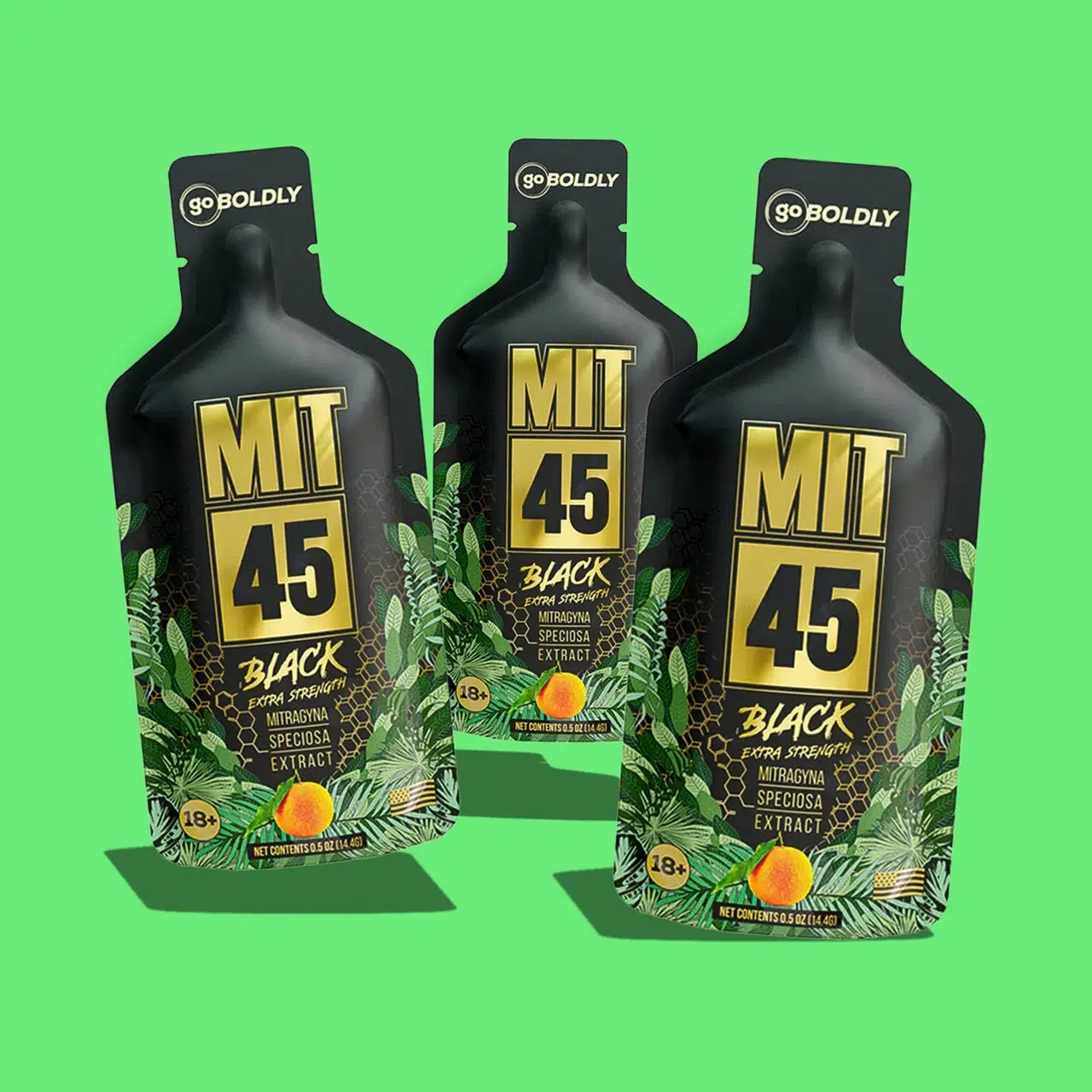 Three MIT45 GO pouches over green background