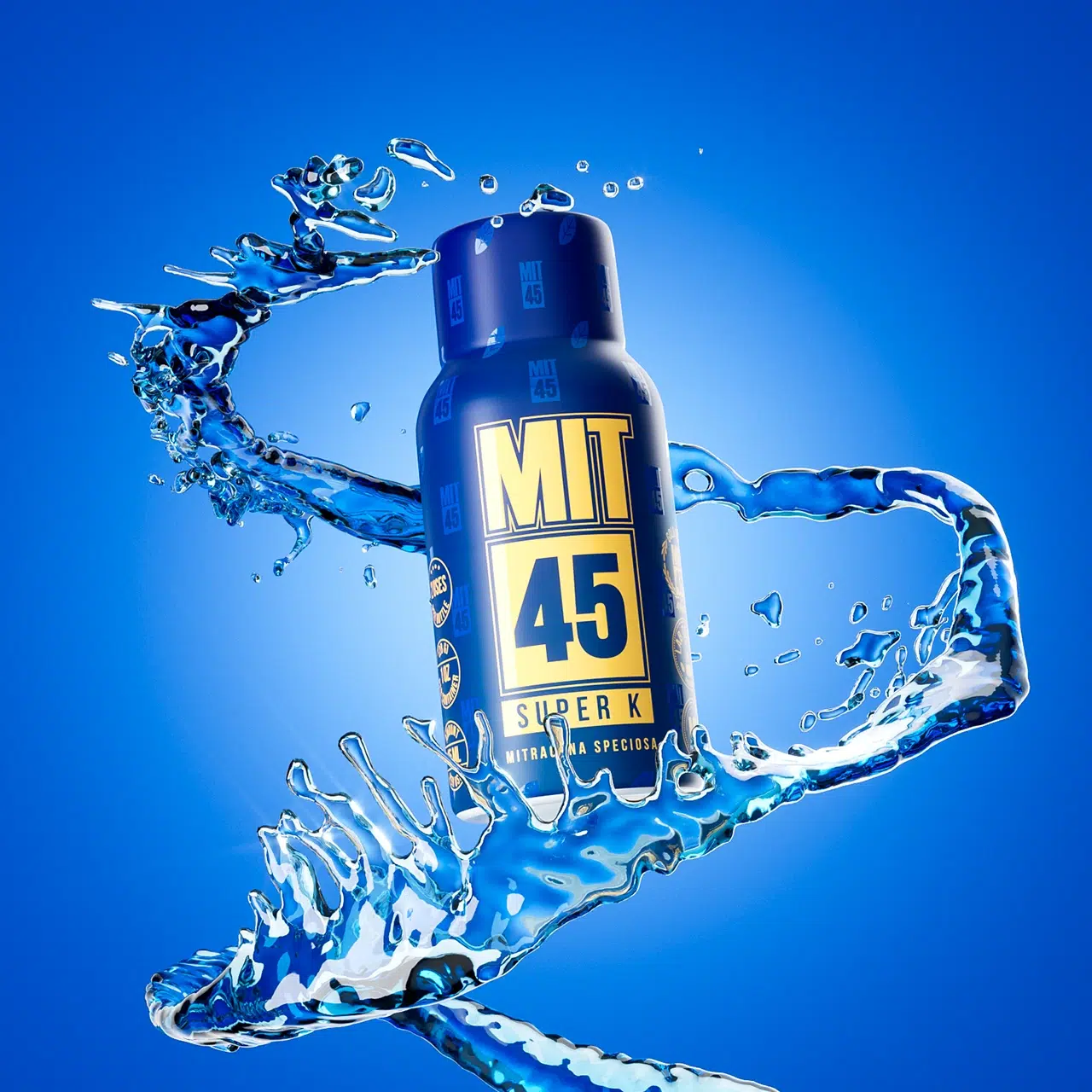 MIT45 Super K on blue background with liquid splash